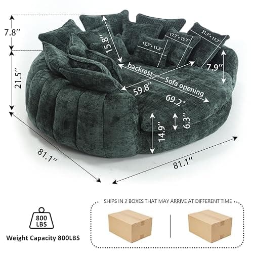 Oversized Round Chaise Lounge Chair, 81.1in Extra Wide Round Accent Chair for 2 People, Upholstered Barrel Chair, 14 Pillows, Comfy Cloud Daybed Lounge Fluffy Sleeper Sofa Chair, Living Room - L1056-green - 2 Seat-81.1in thumbnail 2