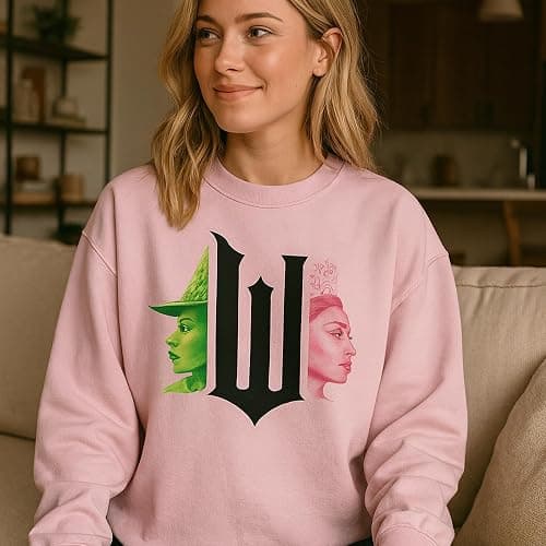 Bioworld Wicked Part 1 W Character Graphics Women's Cradle Pink Crew Neck Long Sleeve Sweatshirt thumbnail 3