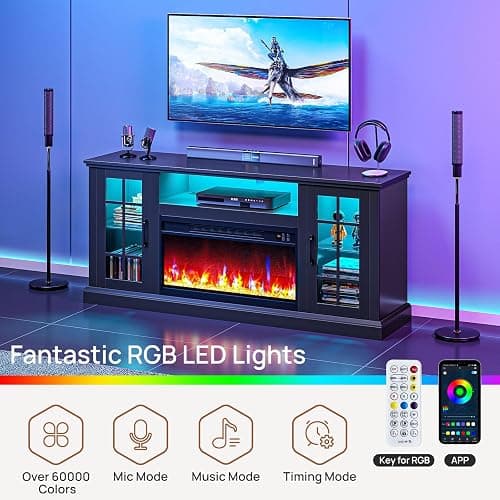 Rolanstar Fireplace TV Stand with Led and Power Outlets, Black Entertainment Center with Electric Fireplace for 45/50/55/60/65/70 inch TVs, Modern TV Console with Storage Cabinet for Living Room thumbnail 3