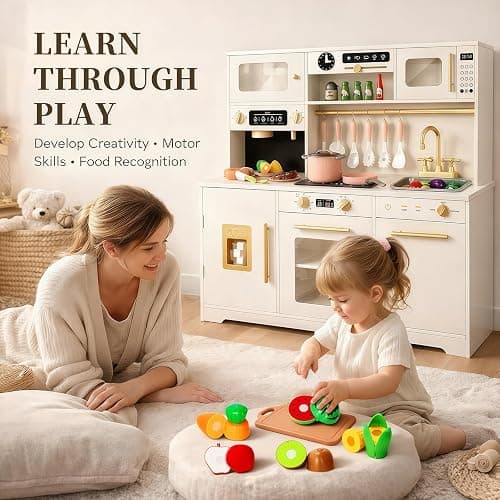 Play Kitchen for Kids, Wooden Pretend Toy Kitchen Set with Appliances & Smart Storage, Kids Kitchen Playset with 49 Toy Food & Cookware Accessories for Toddlers, Stove, Play Sink, Gift for Ages 3+ thumbnail 6