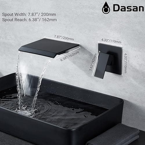 DASAN Wall Mount Waterfall Bathroom Faucet Matte Black in Wall Sink Faucet, Single Handle Wall Mounted Modern Faucet for Bathroom with Upgraded Rough in Valve - Matte Black thumbnail 5