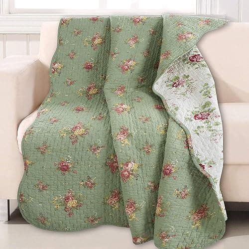 Cozy Line Home Fashions Vintage Floral Rose Green Chintz Sage Green Pink Yellow Scalloped Quilted Cotton Reversable Throw Blanket, 60"x 50" thumbnail 3