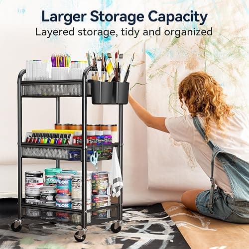  3 Tier Rolling Cart – Metal Utility Storage Carts with Wheels, Craft Cart Organizer with Hanging Cups, Hooks, Mesh Basket for Bedside Kitchen Office Art, Black thumbnail 6
