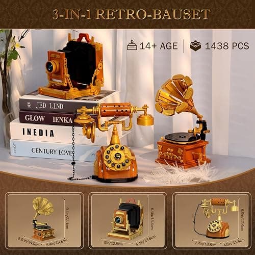 Brihappen 3 in 1 Building Block Sets, Retro Camera Telephone Record Player Building Toys, 1438 Pcs Vintage Collectible Model Kit for Home Office Decor, Nostalgic 80s Gift for Adults & Teens 14+ thumbnail 4