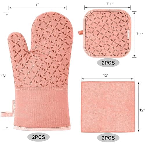KEGOUU Oven Mitts and Pot Holders 6pcs Set, Kitchen Oven Glove High Heat Resistant 500 Degree Extra Long Oven Mitts and Potholder with Non-Slip Silicone Surface for Cooking (Pink) thumbnail 3