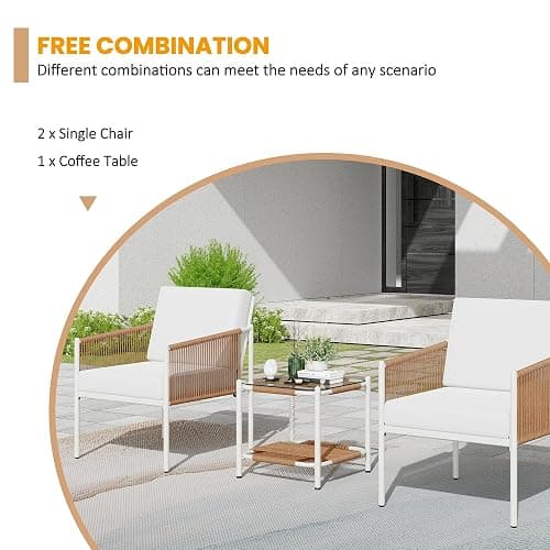 Shintenchi 3 Pieces Patio Furniture Set,Outdoor Patio Furniture Wicker Rattan Conversation Set,Including 2 Single Chairs with Cushion and Glass Coffee Table for Backyard,Balcony,Poolside(Beige) - 3 Pcs/Beige thumbnail 4