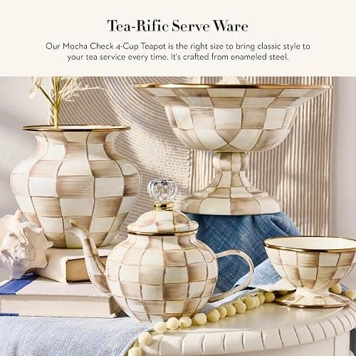 MACKENZIE-CHILDS Enamel Teapot, Cute Small Teapot with Lid, 4-Cup Capacity, Brown-and-White Mocha Check thumbnail 4
