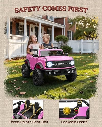 First Ride On 24V Ride on Toys for Big Kids, Licensed Ford Bronco Base 2 Seater Ride on Car with Remote Control, Girl Ride on Truck w/Seat Belts, 3 Speeds, Spring Suspension and Bluetooth (Pink) thumbnail 4