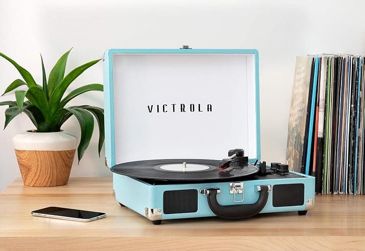 Victrola Vintage 3-Speed Bluetooth Portable Suitcase Record Player with Built-in Speakers | Upgraded Turntable Audio Sound| Includes Extra Stylus | Turquoise, Model Number: VSC-550BT-TQ - Turquoise thumbnail 2