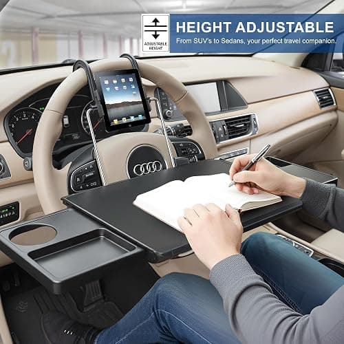 2-in-1 Car Steering Wheel Tray & Back Seat Table with Phone Holder – Height Adjustable Steering Wheel laptop desk, Food Tray , Writing Desk & Car Eating Tray - Car desk fit up to 15" Steering Wheel thumbnail 4