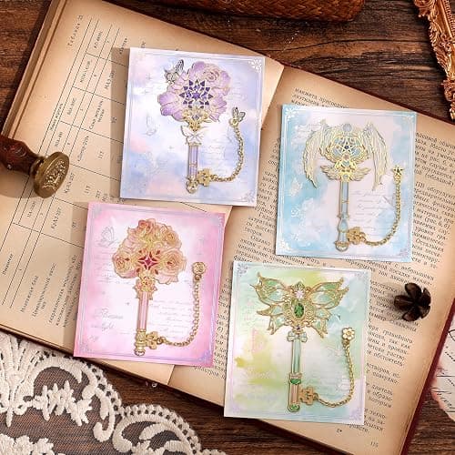 4pcs Metal Bookmarks Set for Reading Women and Men, Enchanted Floral Wing Key Magic Reading Accessories, Fantasy Book Marks Gifts for Book Lovers Readers Kids Page Holders with Flower Feather Designs thumbnail 4