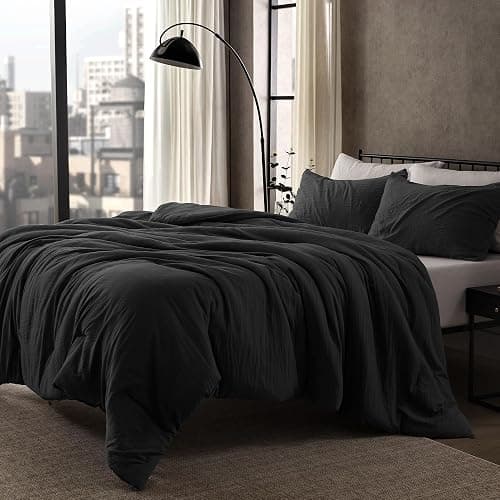 SLEEP ZONE King Size Comforter Set, Duvet Insert with Natural Wrinkle Texture, Cotton-Linen Feel, Lightweight and Breathable Fluffy Bedding Sets with 1 Comforter and 2 Pillow Shams (Washed Black) - Image 1