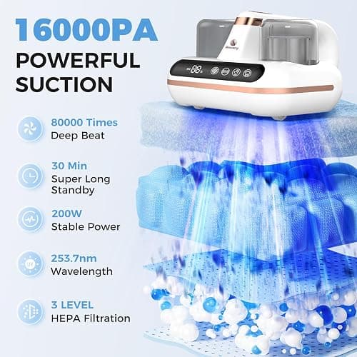 Amzany Mattress Vacuum Cleaner - 5-in-1 Cordless Bed Vacuum Cleaner, Powered by UV-C Light & Ultrasonic Technology, 16Kpa Strong Suction,Low Noise,Suitable for Dust, Pet Hair, Etc. thumbnail 2
