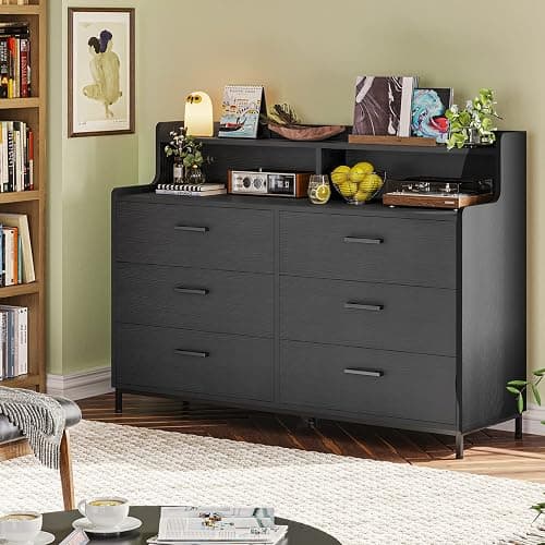 Hasuit Black Dresser for Bedroom with 6 Drawers and Storage Shelves, Wide Chest of Drawers with Sturdy Steel Legs, Large Wooden Storage Tower Dresser Organizer, Dressers for Bedroom, Clost, Entryway thumbnail 9