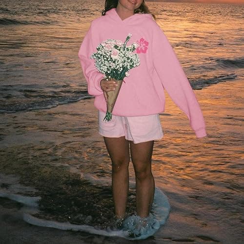 Lubpow Cute Pink Flower Hoodie for Woman Preppy Sweatshirts Trendy Puff Print Letter Graphic Hoodies Casual Pullover Tops thumbnail 4