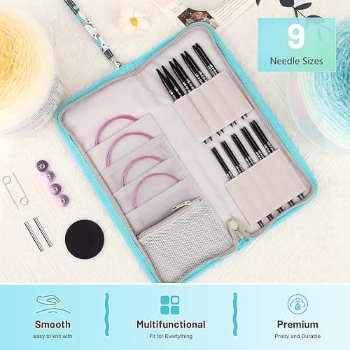 Aeelike Interchangeable Knitting Needles Set, 9 Pairs Circular Knitting Needles Aluminum (Size 3.0mm-8.0mm) with 4 Cables Accessories and Cute Storage Case for Socks Blankets Cushions, Ideal Gift thumbnail 2