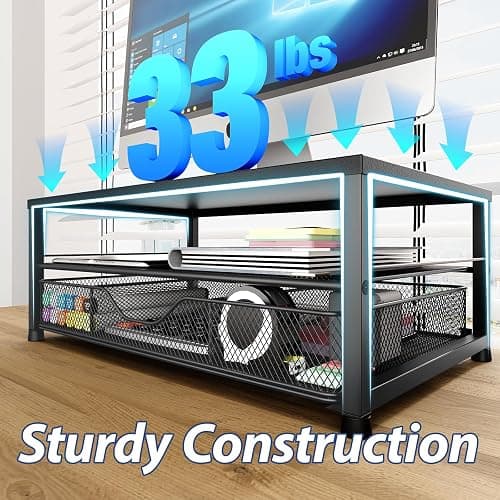 OPNICE Desk Organizer and Accessories, 2-Tier Computer Monitor Stand Riser with Drawer and 2 Pen Holders, Laptop Stand, Office Desk Accessories for Office Supplies, Black thumbnail 6