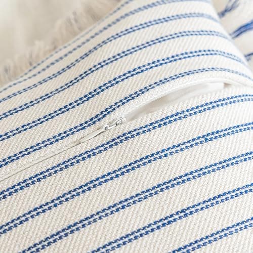 YEENAASY Throw Pillow Covers 18x18 Set of 2 Striped Fringe Pillow Cover Farmhouse Cushion Covers with Tassel Neutral Boho Pillows Decorative Square Pillowcase for Couch Sofa Bed, Blue thumbnail 4