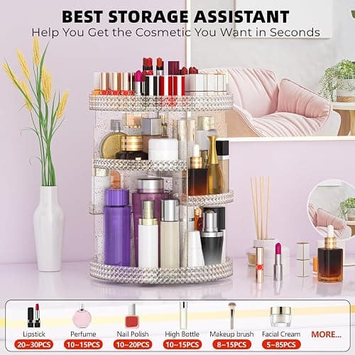 HEMTROY 360 Degree Rotating Makeup Organizer, Extra Large Capacity Organizador De Maquillaje, Removable 7 Layers Lipstick Organizer Cosmetic Storage Cases Perfume Organizer for Vanity (Glitter) thumbnail 4