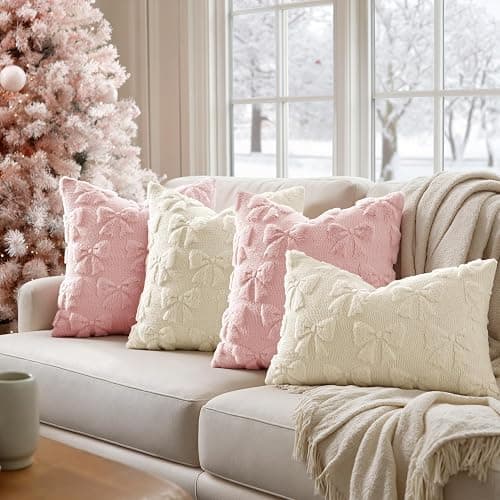 MIULEE Light Pink Bow Pillow Covers Coquette Room Decor Aesthetic Set of 2 Decorative Cute Girl Christmas Throw Pillow Soft Plush Faux Pillowcase for Girl Bed Couch Sofa,18x18 Inch thumbnail 2