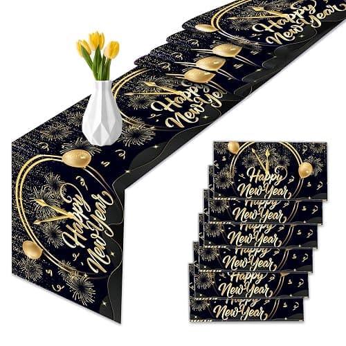 6 Pcs Plastic Happy New Year 2026 Table Runners - 14" x 108" Fireworks Balloon Christmas Winter Party Decoration - Black Gold Stars Clock Disposable Table Runner for Happy New Year Winter Table Decor - Image 1