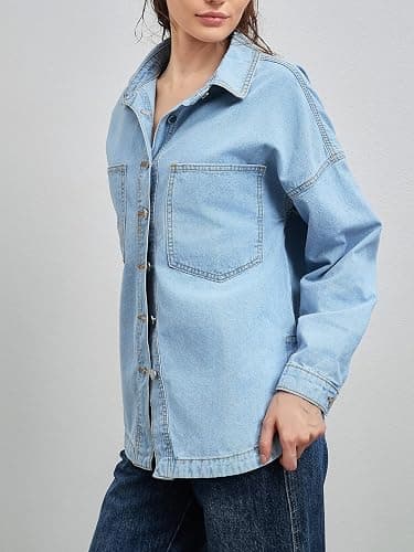 Women Denim Jacket Shacket Long Sleeve Oversize Boyfriend Jean Jacket Shirt thumbnail 8