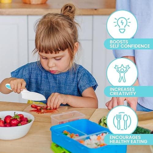 Zulay 3-Piece Kids Knife Set for Real Cooking & Baking - Toddler Knives for Cutting Fruits, Veggies, & Cake - Children’s Montessori Knife with Serrated Edges - Safe & Fun Lettuce Knife (Blue) thumbnail 8