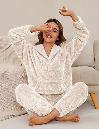 Flygo Women Fuzzy Warm Fleece Pajamas Sets Winter Flannel Sleepwear Fluffy Pajama Pullover Top Lounge Pants Set thumbnail 5