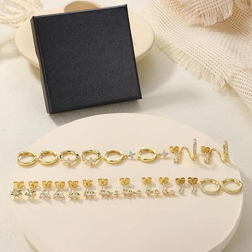 ZELORES 11/12 Pairs Hoop Earrings for Women 14k Gold Plated Small Huggie Hoop Earrings Pack Trendy CZ Cartilage Stud Earrings Set for Multiple Piercings thumbnail 6