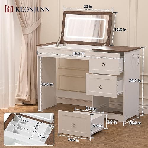 Keonjinn White Flip Top Vanity Desk with Mirror and Lights, 3 Drawers, Dimmable 3 LED Lighting Modes, Charging Station & Hairdryer Rack, 46" W Modern Farmhouse Makeup Dressing Table, NO Chair Included thumbnail 2
