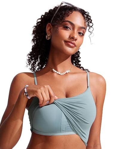 CRZ YOGA Cami Strap Bikini Tops for Women - Padded Scoop Neck Longline Swimsuit Adjustable Bathing Suit Crop Tankini thumbnail 4