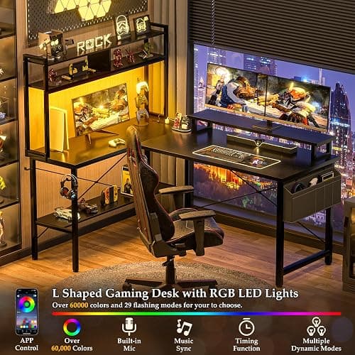 Aheaplus L Shaped Gaming Desk with Power Outlets & LED Lights, Small L- Shaped Desk Computer Corner Desk with Monitor Stand & Storage Shelf, Home Office Desk Writing Desk with Storage Bag, Black thumbnail 4