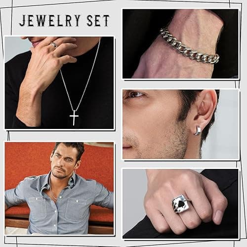 FEYIR 37 Pcs Jewelry Set for Men Stainless Steel Cuban Link Necklace Bracelet Vintage Rings Hoop Stud Earrings Mens Fashion Jewelry thumbnail 3
