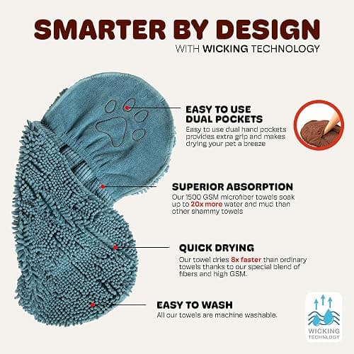 Dog Gone Smart The Dirty Dog Shammy - Antimicrobial Microfiber Dog Towel for Odor Control, Fast-Drying Plush, Dual Hand Pockets & Elastic, Super Absorbent, Machine Washable, 31 x 13 in, Pacific Blue thumbnail 5