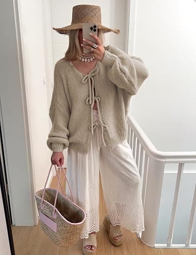 SKIKYAN Women Bowtie Oversized Knit Sweater Cardigan Y2K Long Sleeve V Neck Open Front Casual Knitwears thumbnail 3