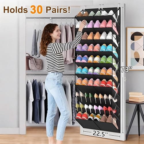 UVIAHOMI 20-30 Pairs Over the Door Shoe Organizer, Clear Pockets Hanging Shoe Storage for Closet, 10-Tier Door Shoes Rack, Handing Shoes Holder Fit All the Family's Sneakers, Boots, Heels, Black thumbnail 2
