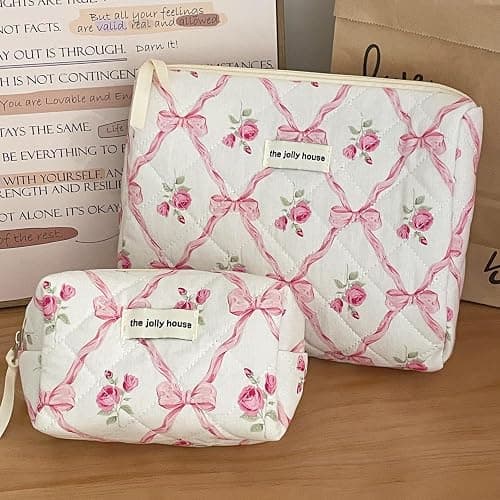 BILIPOPX Cute Makeup Bag Aesthetic Floral Quilted Cotton Cosmetic Bag Travel Organizer Toiletry Pouch 3 Pack Set (01Pink Bow) thumbnail 7