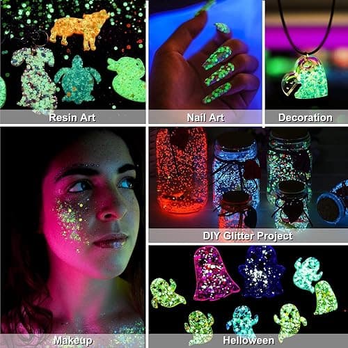 12 Farben Festival Glitzer Gesicht, Fluoreszierender Body Glitter für Gesicht, Nägel, Augen, Haare - Chunky Sequin Glitzerpulver Set für Karneval, Fasching, Halloween, Partys und DIY Handwerk thumbnail 6