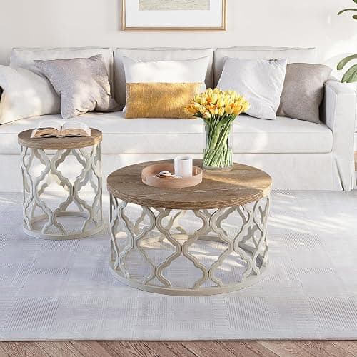 Farmhouse Coffee Table, French Country Round Coffee Table, Coastal Coffee Table with Distressed Top, Boho Center Table with Curved Motif Frame Base for Living Room, Dining Room, Bedroom, Cream Beige thumbnail 4