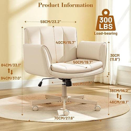 HeroSet Criss Cross Chair with Wheels & Armrests,Comfy Wide Vanity Chair,Scratch-Resistant Pu Leather Cross Legged Desk Chair,Height Adjustable Computer Office Desk Chairs for Home,Makeup,Bedroom thumbnail 2