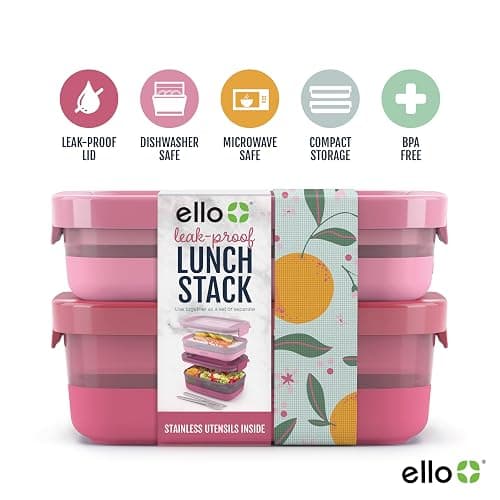 Ello 2-Pack Lunch Stack Plastic Food Storage Container Bento Box with Airtight, Leak-Proof Locking Plastic Lids and Silicone Base, BPA-Free, Freezer, Microwave, and Dishwasher Safe, Guava thumbnail 3