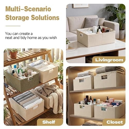 Foldable Fabric Storage Basket for Shelves, Linen Decorative Storage Bin with Wooden Handles, Small Organizer Cube for Closet, Rectangle Canvas Box for Organizing, Decor, 15x10.6x6 Inches (Beige) thumbnail 6