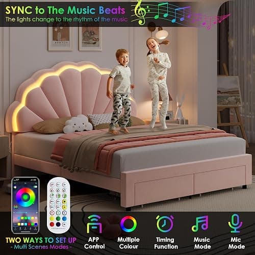 HIFIT Full Size Upholstered Smart LED Bed Frame with 2 Storage Drawers and Adjustable Chic Double Petal Headboard, Princess Platform Bed for Girls, Solid Wood Slats Support/No Box Spring Needed, Pink thumbnail 5