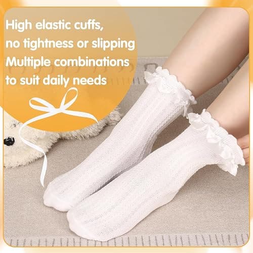 Jspupifip 6 Pairs Lace Ruffle Crew Socks for Women,Cotton Cute Princess Ankle Dress Lace Socks for Women Girls thumbnail 6