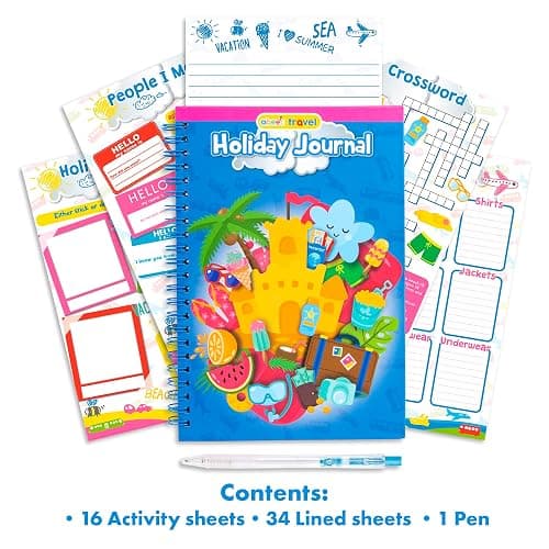abeec Kids Holiday Journal with Pen | Travel Essentials for Kids Aged 6+ | Summer Activity Book with Puzzles Checklists & Games | 16 Activity Sheets & 34 Lined Pages | Plane Car & Caravan Fun thumbnail 2