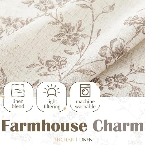 jinchan Floral Kitchen Curtains 24 Inch Linen Tier Curtains Farmhouse Cafe Half Window Drapes Over Sink Light Filtering Taupe on Beige for Living Room Laundry Tie Top 2 Panels thumbnail 7