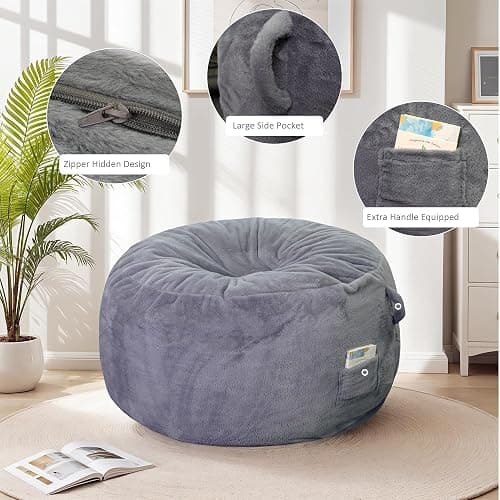 LFCREATOR Giant Bean Bag Chair for Adults, Faux Fur Bean Bag Chair Bed with Mattress Bed Use, Convertible Bean Bag Sofa Bed with Filler Included for Living Room,Bedroom, Dark Gray.Large-Sized thumbnail 5