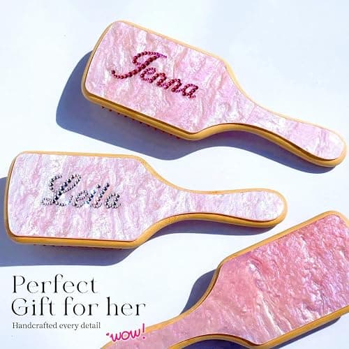 Personalized Rhinestone Hair Brush with Name - Custom Bling Hairbrush for Women & Girls, Handmade Marble Bamboo Wood Brush for Scalp Massage, Detangling, Gifts(Pink Sugar) thumbnail 4