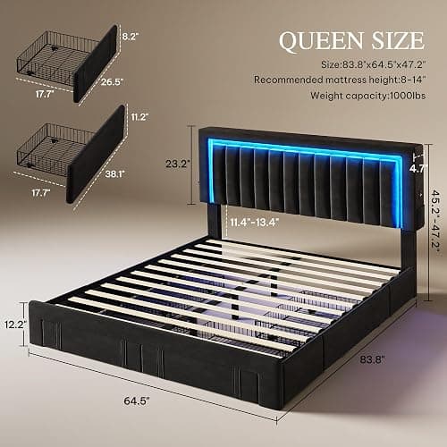 YITAHOME Queen Size Bed Frame with Adjustable Headboard, 4 Storage Drawers and RGB LED Lights, Velvet Upholstered Platform Bed with USB Ports, No Box Spring Needed, Fast Assembly, Noise-Free, Black thumbnail 2