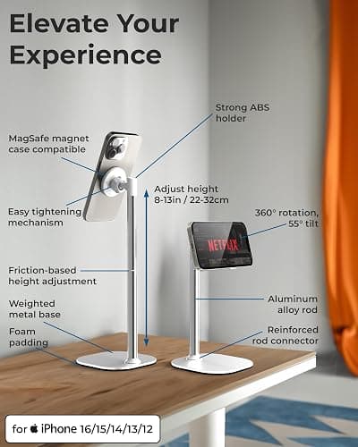 COOPER MagStand, Adjustable Magnetic iPhone Stand for Desk & Phone Holder for Video Recording, Compatible with MagSafe, Stand for iPhone 17 Pro Max, 16/15/14/13/12, Small Mag Safe Tripod (White) thumbnail 6